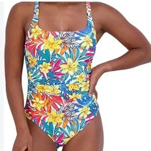 Caribbean Joe Shirred Tummy control,quick dry,cross back scoop 1 Piece Swimsuit